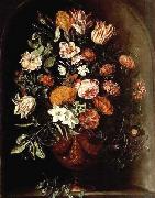 A still life with tulips, roses, a red turban cup lily, auricula, jasmin, an iris, carnations and other flowers in a vase, all in a stone niche., unknow artist
